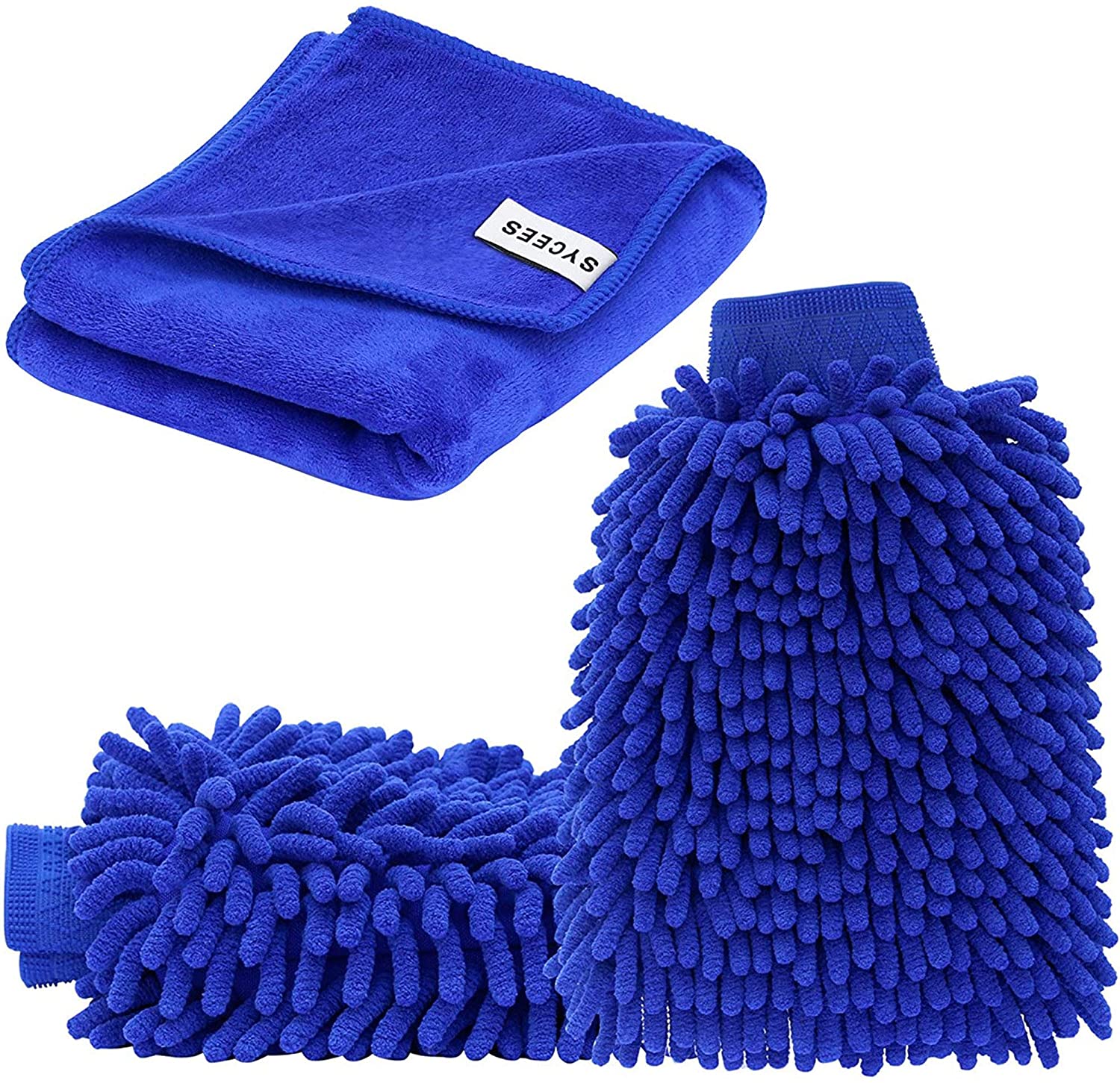 SYCEES 2-Piece Waterproof Microfibre Car Wash Mitt and 1-Piece Microfibre Cloth Set