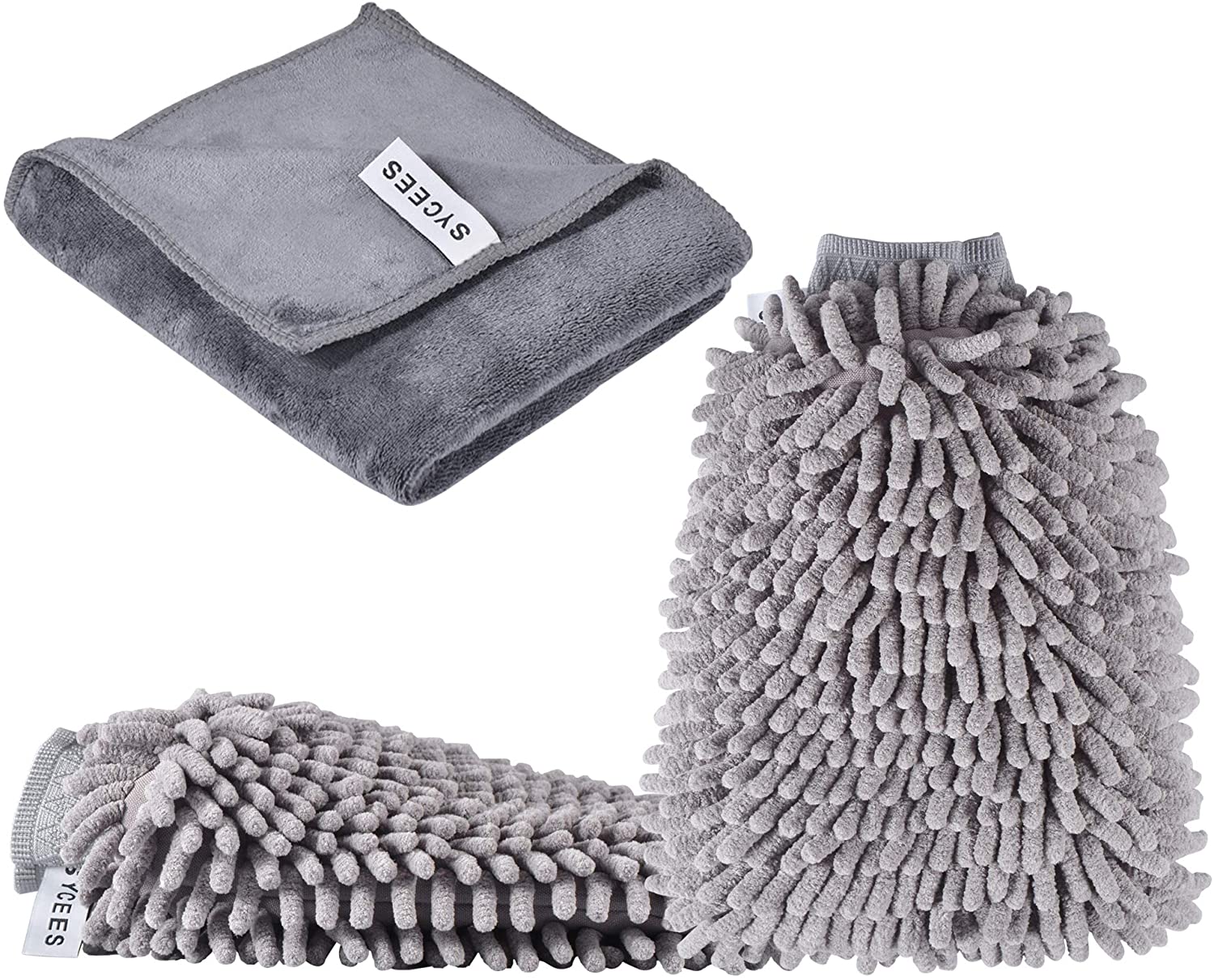 SYCEES 2-Piece Waterproof Microfibre Car Wash Mitt and 1-Piece Microfibre Cloth Set, Soft Coral Car Chenille Wash Mitt