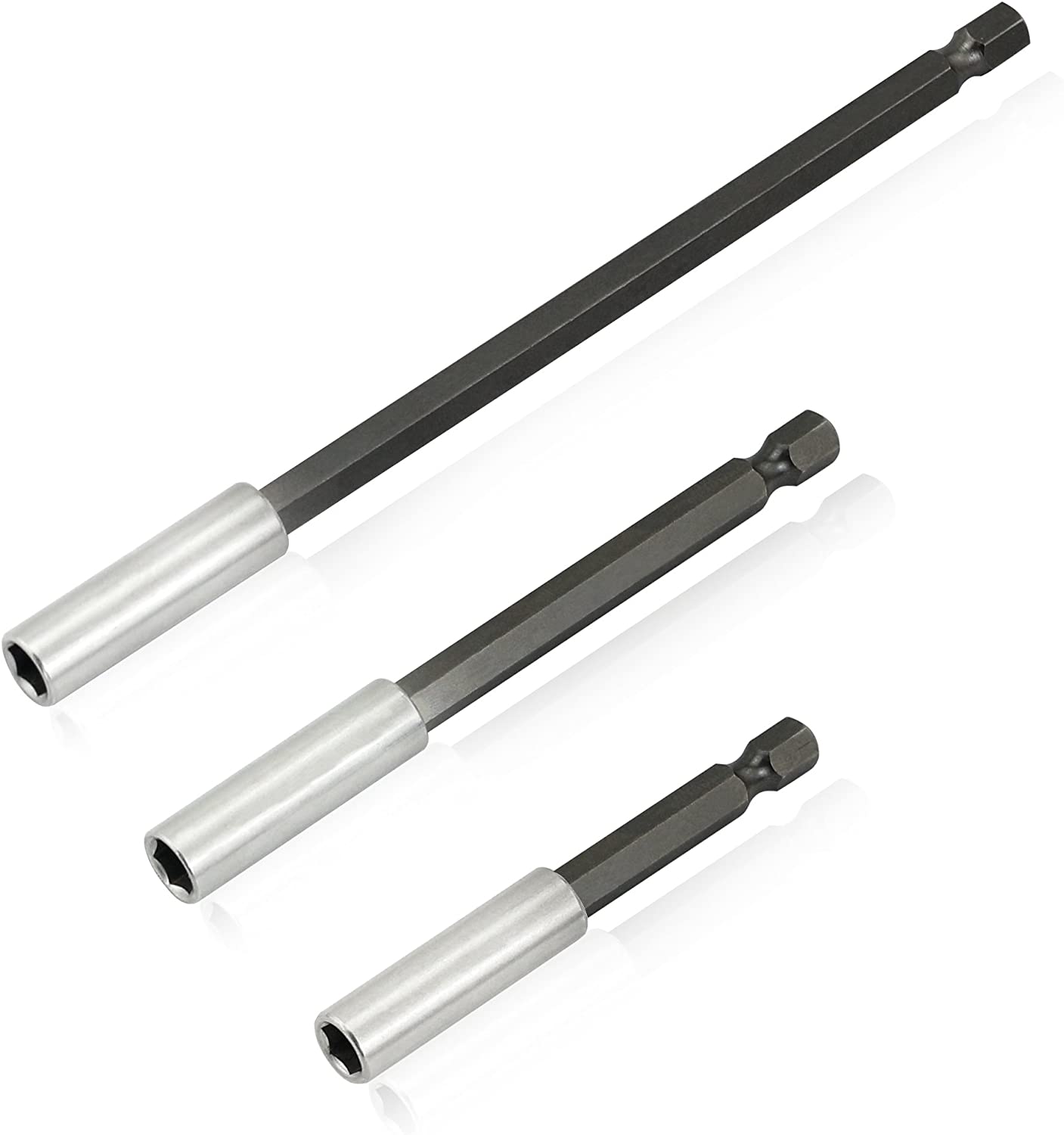 SYCEES 1/4 hex-shank magnetic drill extension holder, drill extension rod, 6.35 mm, 75/100/150 mm, 3 pieces.