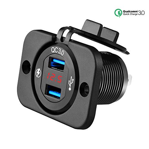 SYCEES USB car socket, USB built-in socket car, quick charge 3.0 car charger with LED voltage display, 12 V - 24 V cigarette lighter charger adapter for car, motorcycle, marine, camper, truck, SUV etc